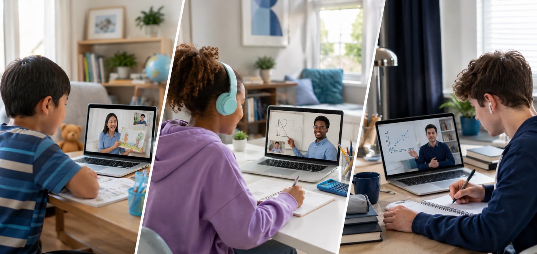 Elementary, middle, and high school students learning with tutors in live online sessions